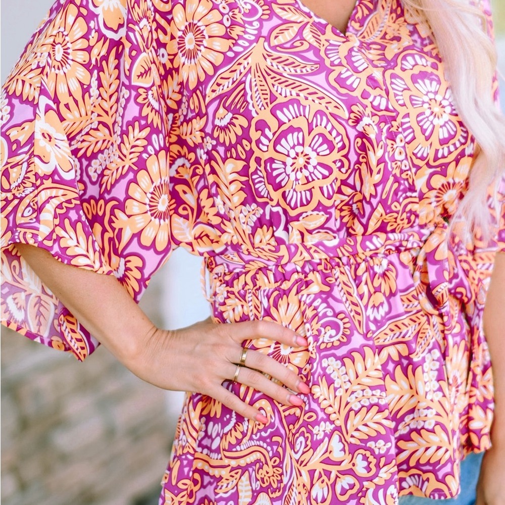 Boho Floral Print Belted Surplice Blouse Bohemian Top - Picture 8 of 15
